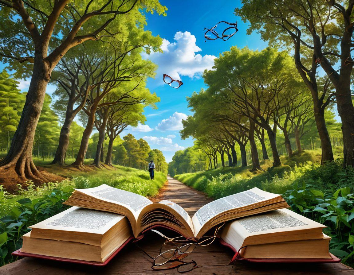 A dynamic landscape featuring a scholar with glasses, surrounded by floating books and scrolls that represent peer-reviewed publications. The background illustrates a winding path leading through an academic forest with a bright sky above symbolizing enlightenment and discovery. Include subtle icons like magnifying glasses and scholarly symbols to enhance the learning theme. vibrant colors. super-realistic.
