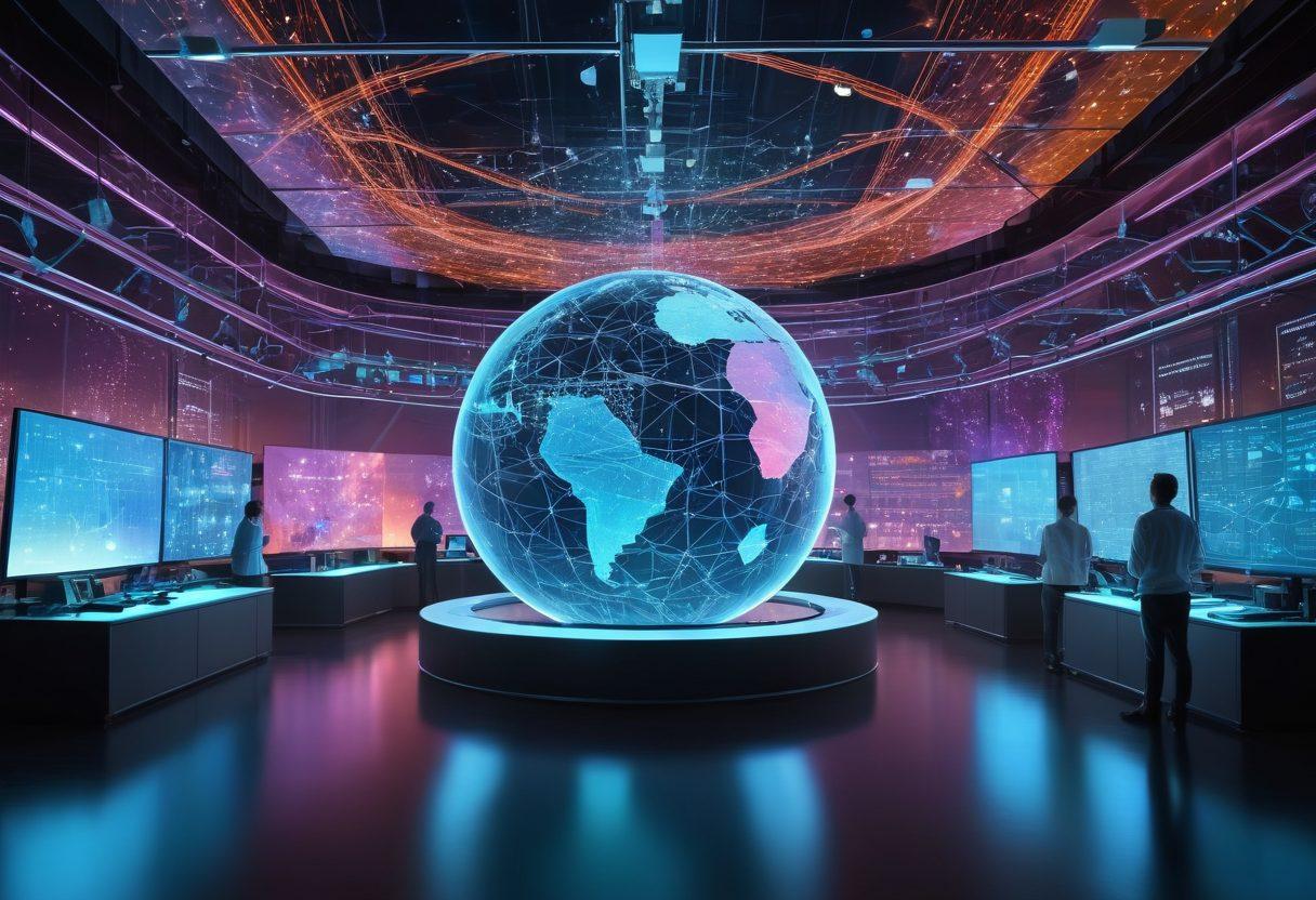 A futuristic laboratory filled with diverse scientists collaborating over open access journals, surrounded by holographic displays of scientific research and data. Ethereal light illuminating the room, showcasing colorful molecular structures and digital graphs floating in the air. A globe made of interconnected lines symbolizing global collaboration in research. super-realistic. vibrant colors. high-tech ambiance.