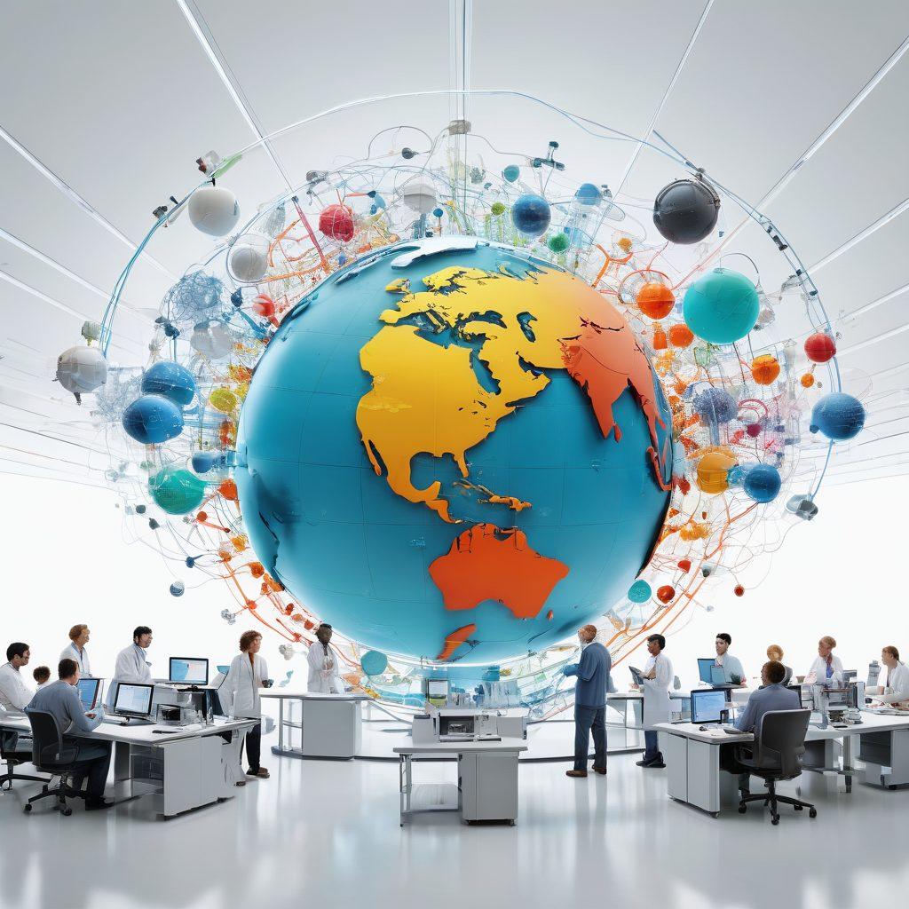 A vibrant scene depicting diverse scientists from different backgrounds collaborating in a bright modern lab filled with advanced technology. A globe representing open access research ideas floats above them, with data streams flowing around, symbolizing innovation and connectivity. The environment should exude energy and creativity, showcasing collaborative spirit in scientific exploration. super-realistic. vibrant colors. white background.